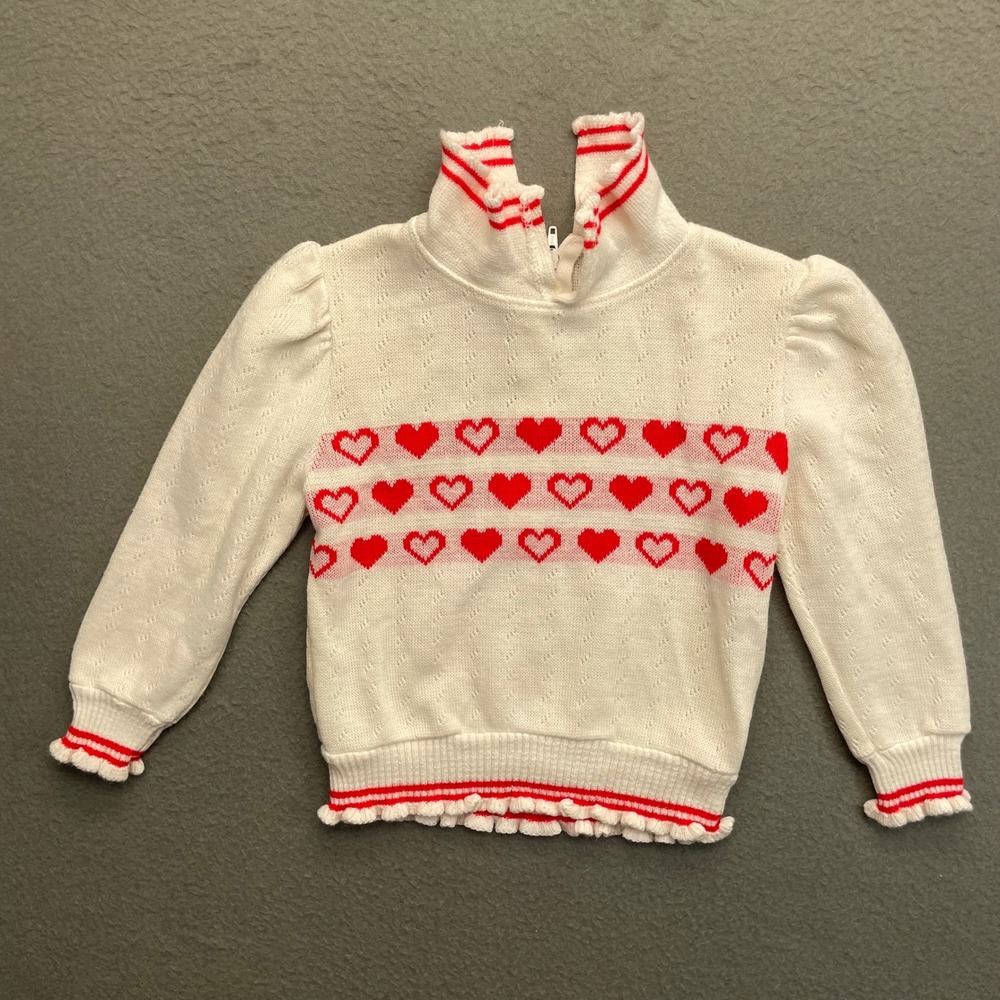 Bull Frog Knits Baby Girl Sweater Heart Print White Red 24M Vintage Cottagecore